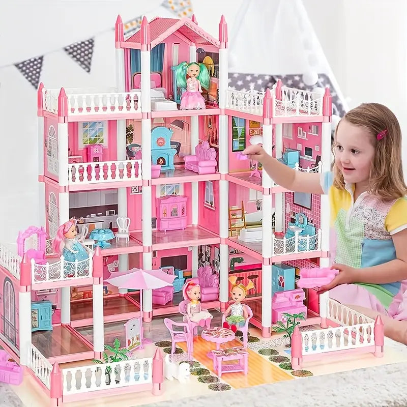 4-Story DIY Dollhouse Kit – Pretend Playhouse with Dolls & Furniture