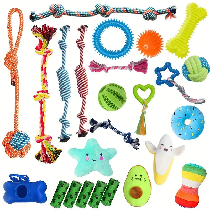 25pcs Dog Teething & Chew Toys Set for Puppies & Cleaning