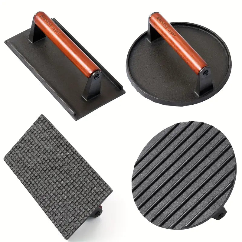 Heavy-Duty Cast Iron Burger Press | Stay-Cool Wood Handle, Food-Grade Iron for Griddle, Grill & Sandwich Cooking