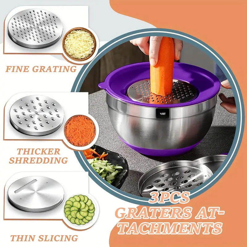 26pcs Stainless Steel Mixing Bowls Set with Airtight Lids & Kitchen Tools | Non-Slip Bottoms, 6 Bowls + 20 Tools + 3 Grater Attachments