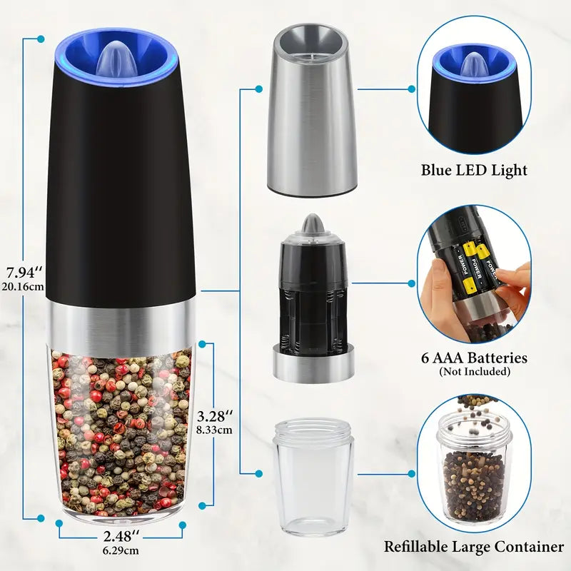 Automatic Gravity Electric Salt & Pepper Grinder Set – LED Light, One-Hand Operation