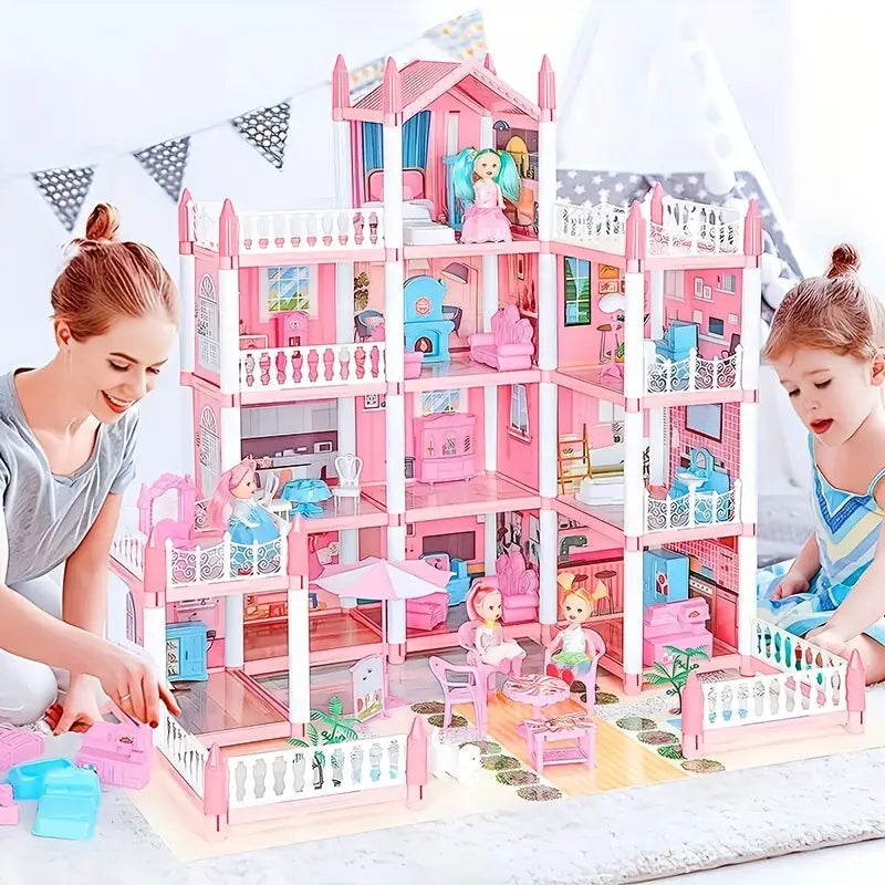 4-Story DIY Dollhouse Kit – Pretend Playhouse with Dolls & Furniture