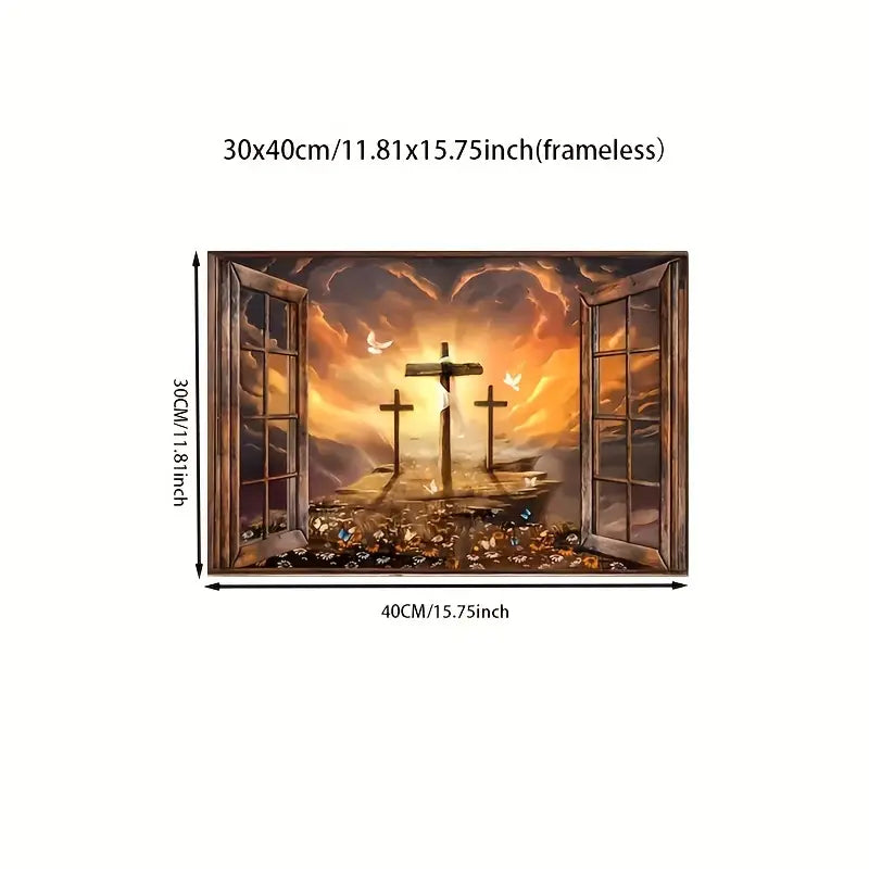 Sunset Path to Heaven – Framed Christian Canvas Wall Art with Three Crosses