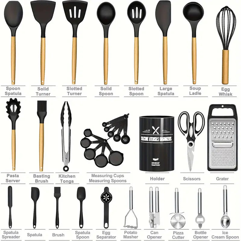34PCS Heat-Resistant Silicone Cooking Utensil Set – Nonstick, With Holder & Wooden Handles