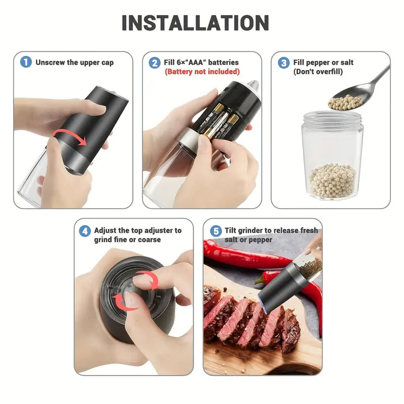 Automatic Gravity Electric Salt & Pepper Grinder Set – LED Light, One-Hand Operation
