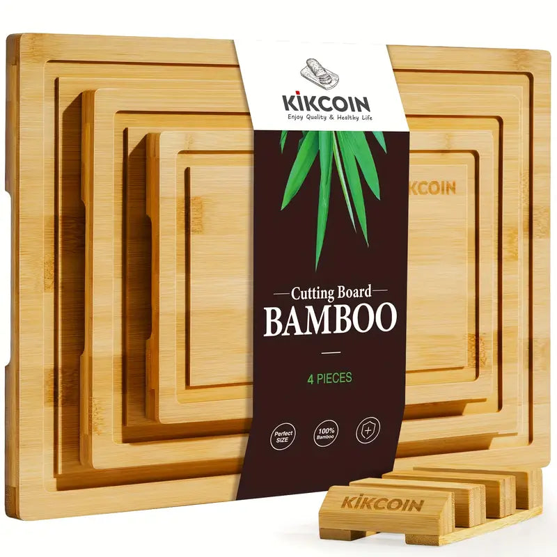 4pcs Oversized Bamboo Cutting Board Set with Rack | Juice Groove, Knife-Friendly, Invisible Handles – Ideal Kitchen Gift Set