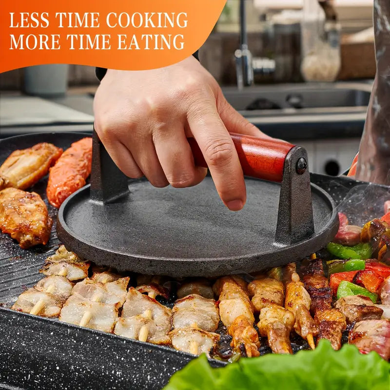 Heavy-Duty Cast Iron Burger Press | Stay-Cool Wood Handle, Food-Grade Iron for Griddle, Grill & Sandwich Cooking