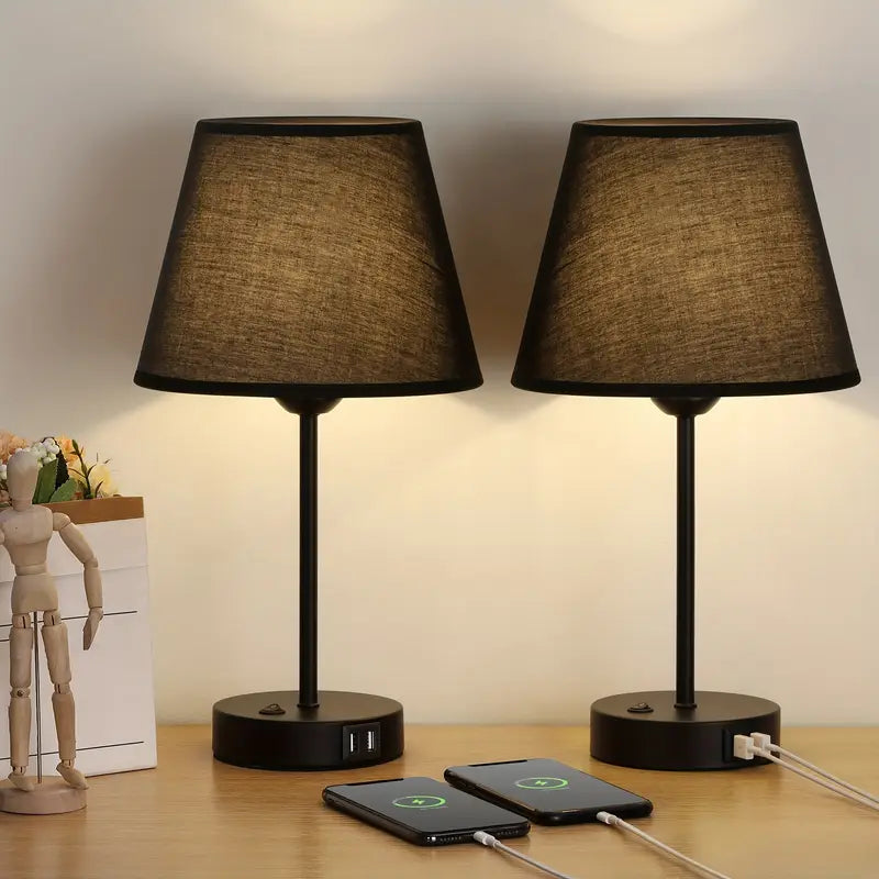 Set of 2 Modern Table Lamps with Dual USB Charging Ports