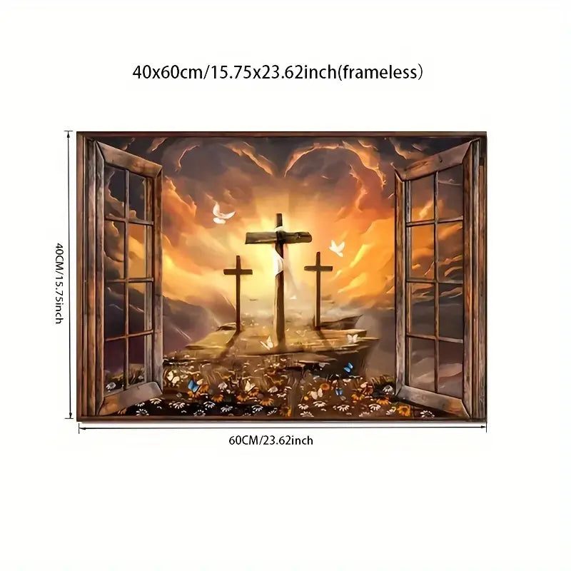 Sunset Path to Heaven – Framed Christian Canvas Wall Art with Three Crosses
