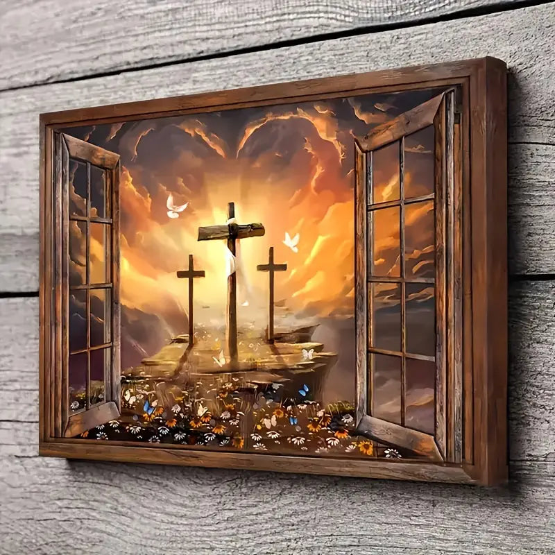 Sunset Path to Heaven – Framed Christian Canvas Wall Art with Three Crosses