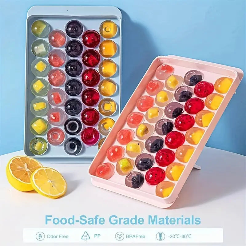 33-Grid Round Ice Cube Tray | Polish Glossy Dustproof Ball Mold | Blue, Home Kitchen Use