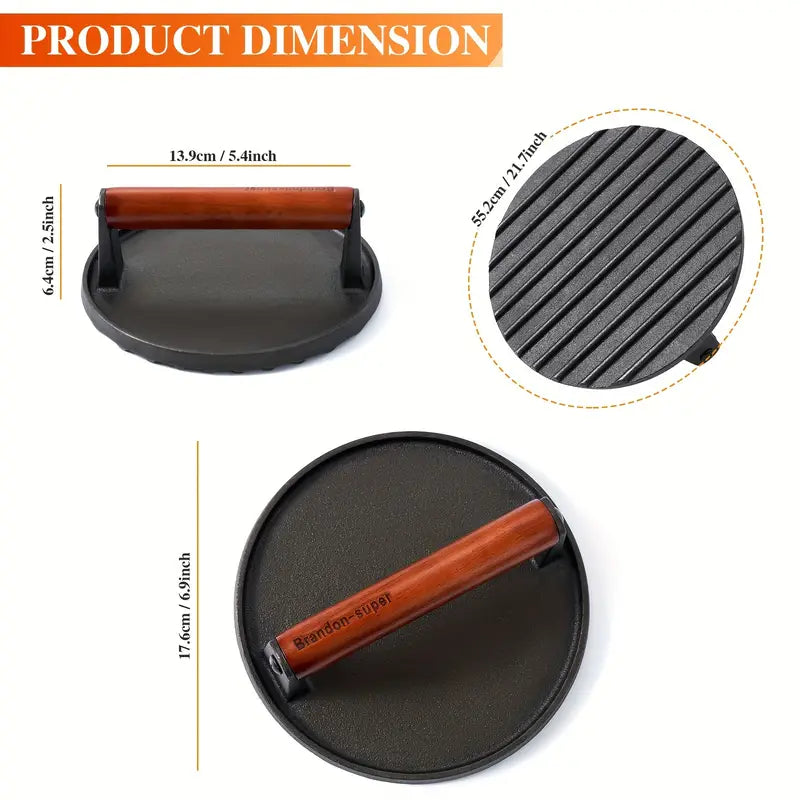 Heavy-Duty Cast Iron Burger Press | Stay-Cool Wood Handle, Food-Grade Iron for Griddle, Grill & Sandwich Cooking