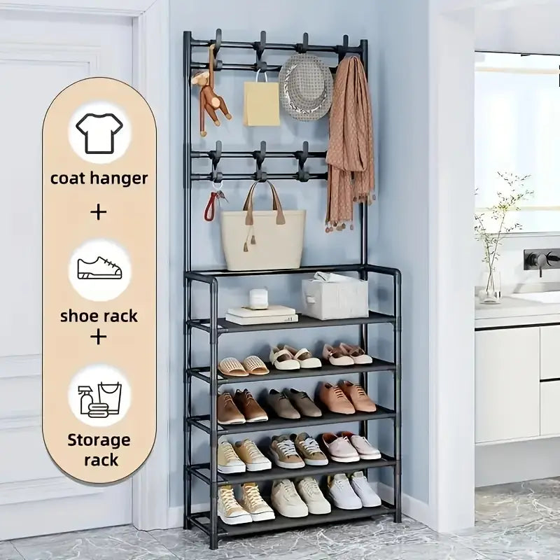 Black Metal Multi-Layer Shoe & Storage Rack with Hooks