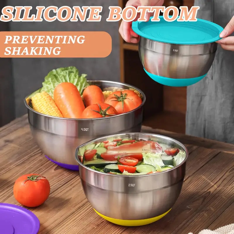 26pcs Stainless Steel Mixing Bowls Set with Airtight Lids & Kitchen Tools | Non-Slip Bottoms, 6 Bowls + 20 Tools + 3 Grater Attachments