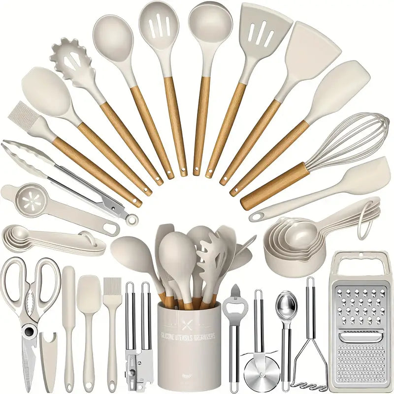 34PCS Heat-Resistant Silicone Cooking Utensil Set – Nonstick, With Holder & Wooden Handles