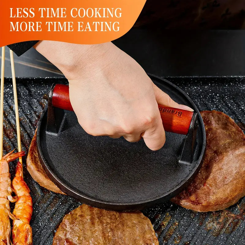 Heavy-Duty Cast Iron Burger Press | Stay-Cool Wood Handle, Food-Grade Iron for Griddle, Grill & Sandwich Cooking
