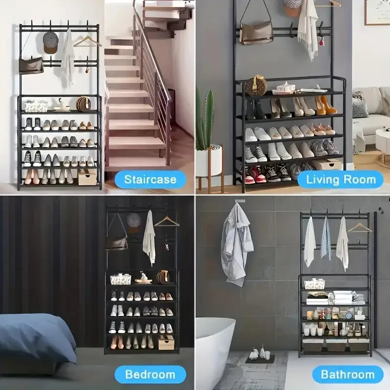 Black Metal Multi-Layer Shoe & Storage Rack with Hooks