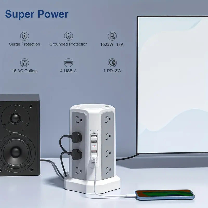16-Outlet Power Strip Tower with USB & USB-C Ports