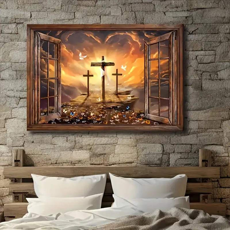 Sunset Path to Heaven – Framed Christian Canvas Wall Art with Three Crosses