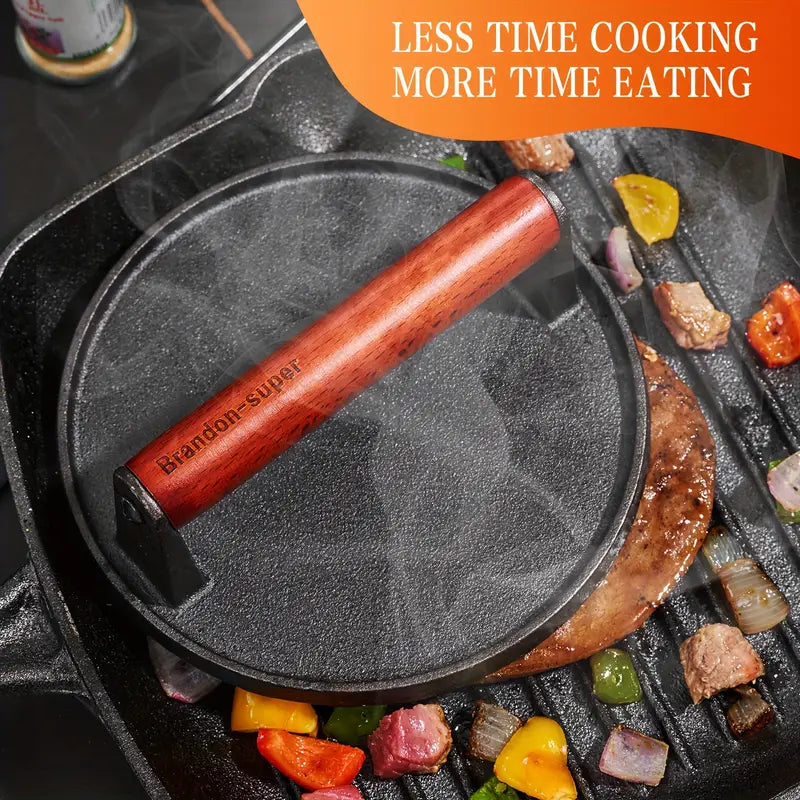 Heavy-Duty Cast Iron Burger Press | Stay-Cool Wood Handle, Food-Grade Iron for Griddle, Grill & Sandwich Cooking