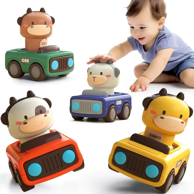 4 Sets of Push-to-Go Inertia Animal Cars – Baby Toy Cars for Ages 1-3 | Fun Hand-Eye Coordination Toys for Boys & Girls | Ideal Birthday & Easter Gifts