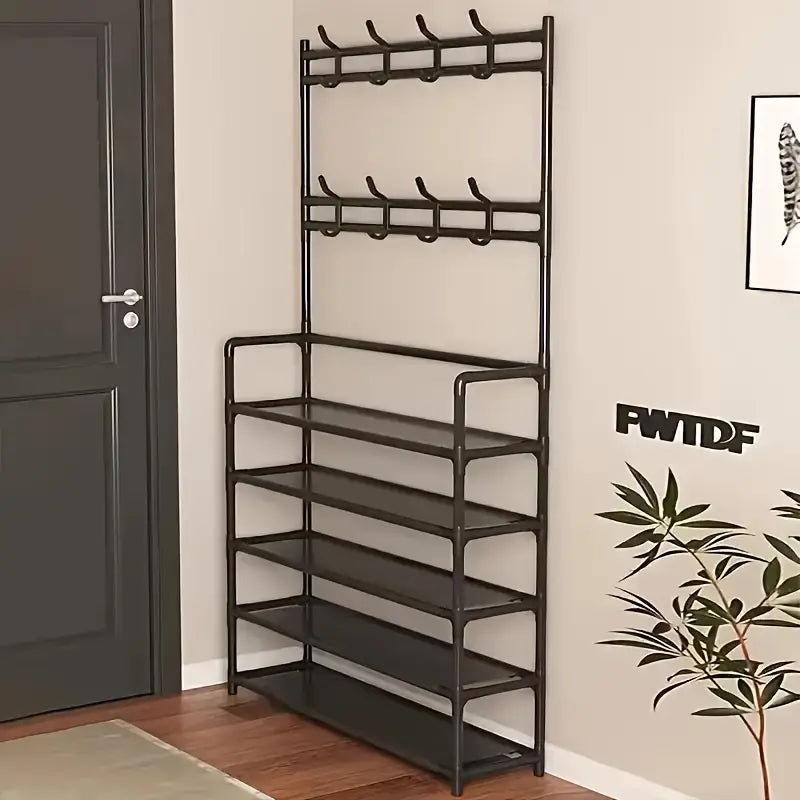 Black Metal Multi-Layer Shoe & Storage Rack with Hooks