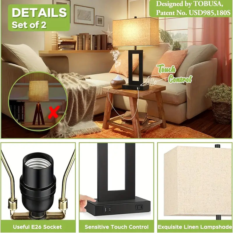 Set of 2 Touch Control Table Lamps with USB & Dimmable Light