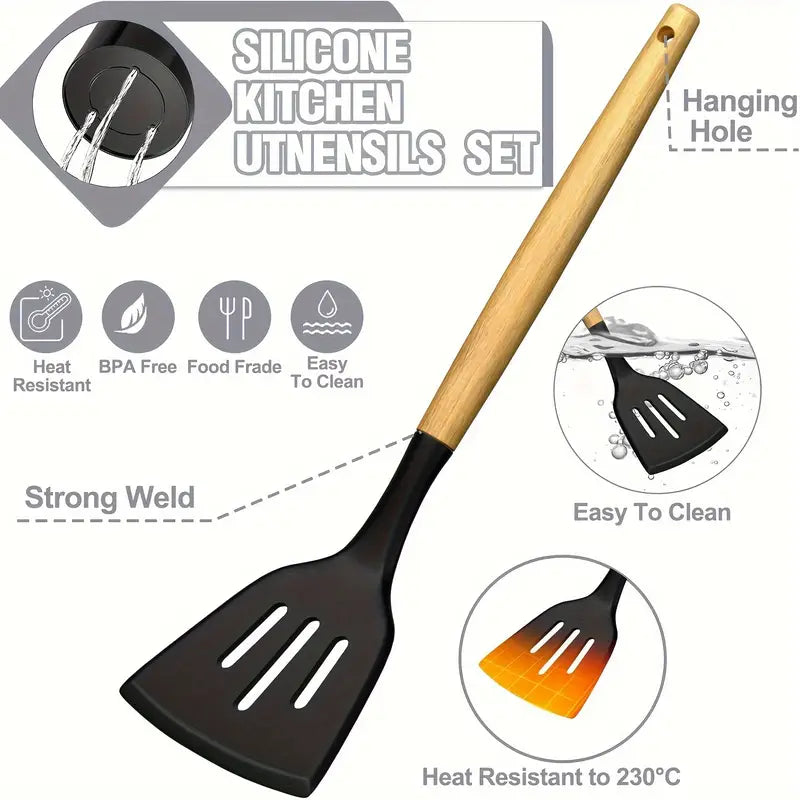 34PCS Heat-Resistant Silicone Cooking Utensil Set – Nonstick, With Holder & Wooden Handles