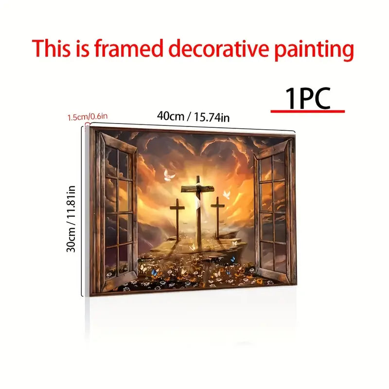 Sunset Path to Heaven – Framed Christian Canvas Wall Art with Three Crosses