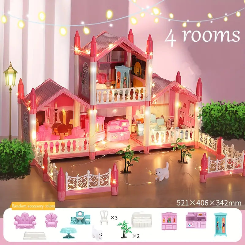 4-Story DIY Dollhouse Kit – Pretend Playhouse with Dolls & Furniture