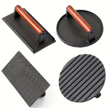 Heavy-Duty Cast Iron Burger Press | Stay-Cool Wood Handle, Food-Grade Iron for Griddle, Grill & Sandwich Cooking