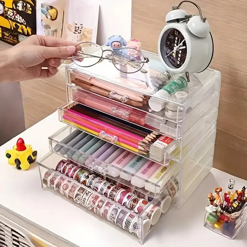 [Acrylic Multi-Layer Pen Holder] Clear Desk Organizer | Large Capacity Stationery & Makeup Storage Drawer