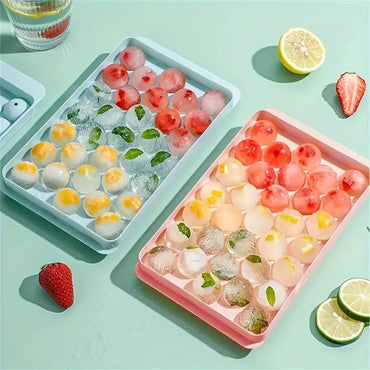 33-Grid Round Ice Cube Tray | Polish Glossy Dustproof Ball Mold | Blue, Home Kitchen Use