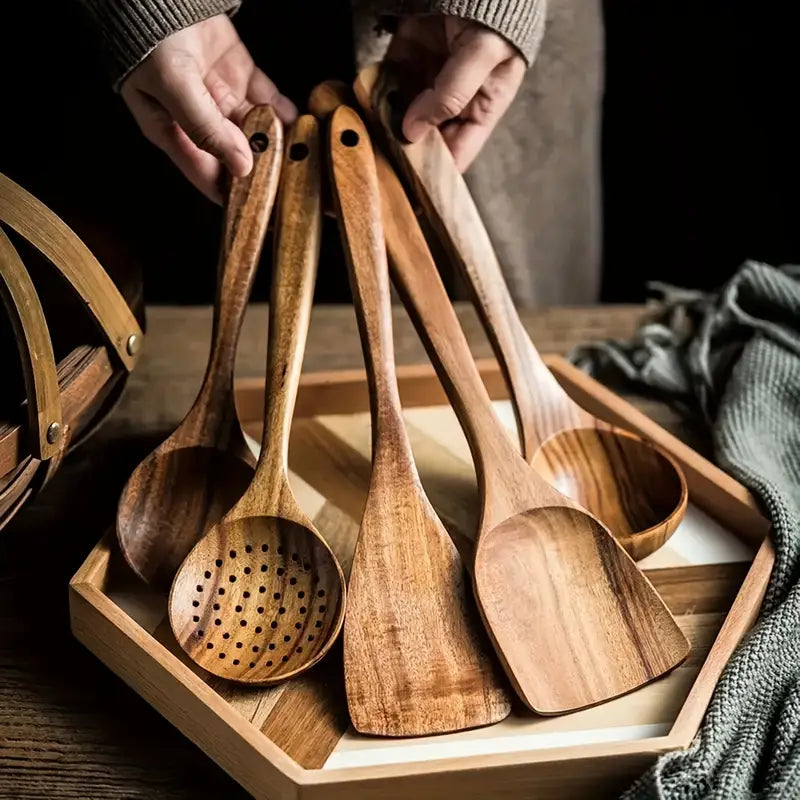 5/10pcs Premium Wooden Kitchen Utensils Set | Ergonomic Handles & Heat-Resistant Natural Wood