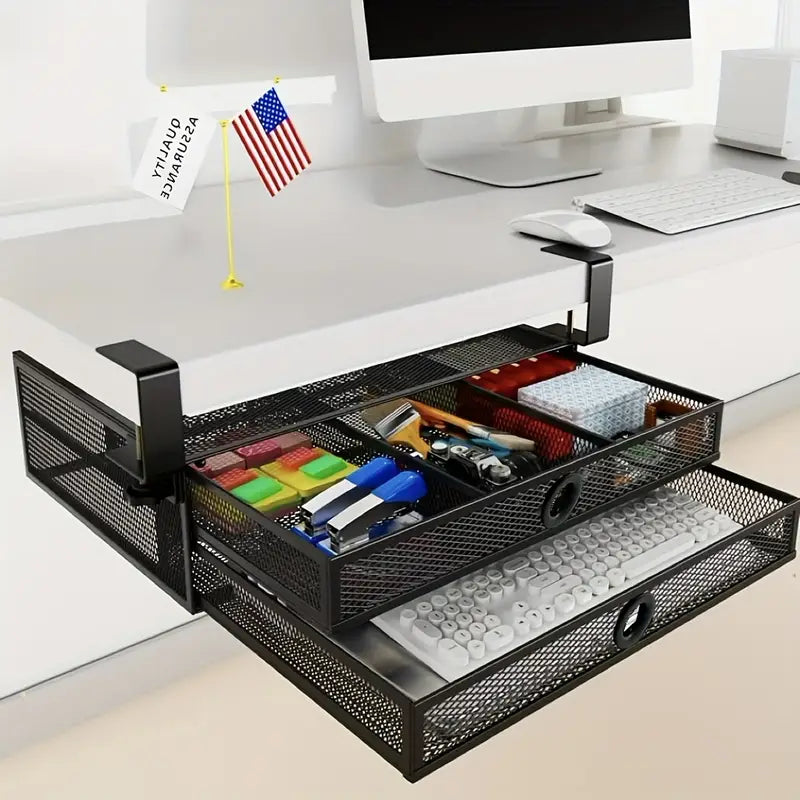 [Under Desk Drawer Organizer] 2-Tier Clamp-On Metal Mesh Drawer | Slide-Out Storage for Office & Home Essentials