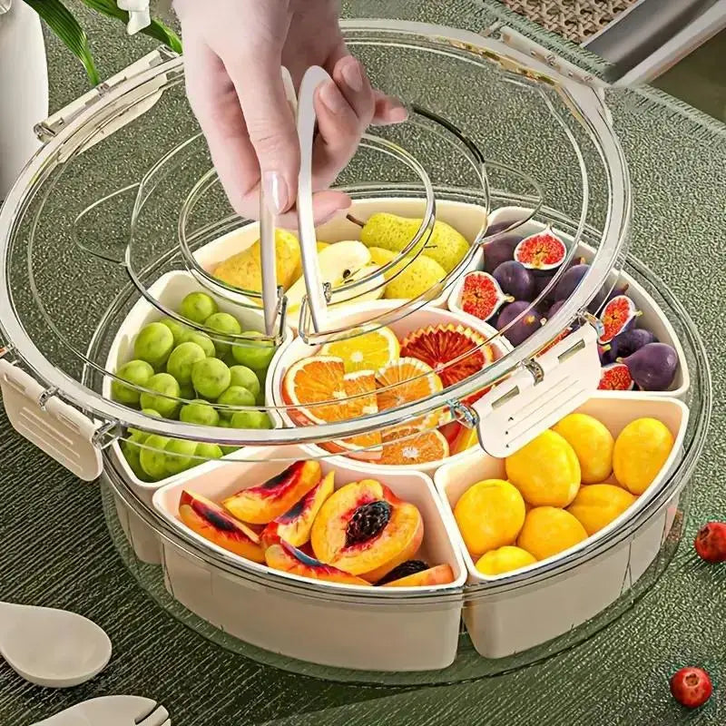 Rotatable Fruit & Snack Plate with Cover and Handle – Multi-Functional Outdoor Serving Tray