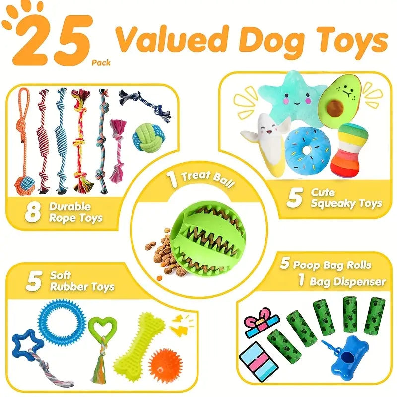 25pcs Dog Teething & Chew Toys Set for Puppies & Cleaning