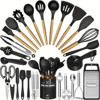 34PCS Heat-Resistant Silicone Cooking Utensil Set – Nonstick, With Holder & Wooden Handles