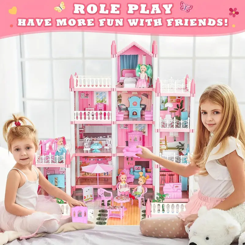 4-Story DIY Dollhouse Kit – Pretend Playhouse with Dolls & Furniture