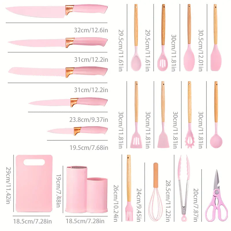 19pcs Silicone Kitchen Utensil Set | Heat-Resistant, Non-Stick with Wooden Handles