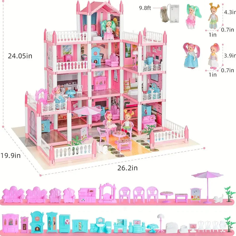 4-Story DIY Dollhouse Kit – Pretend Playhouse with Dolls & Furniture