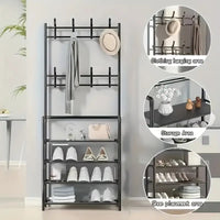 Black Metal Multi-Layer Shoe & Storage Rack with Hooks