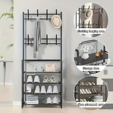 Black Metal Multi-Layer Shoe & Storage Rack with Hooks