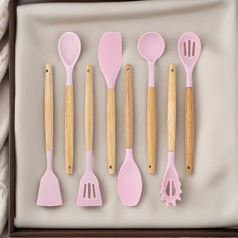 19pcs Silicone Kitchen Utensil Set | Heat-Resistant, Non-Stick with Wooden Handles