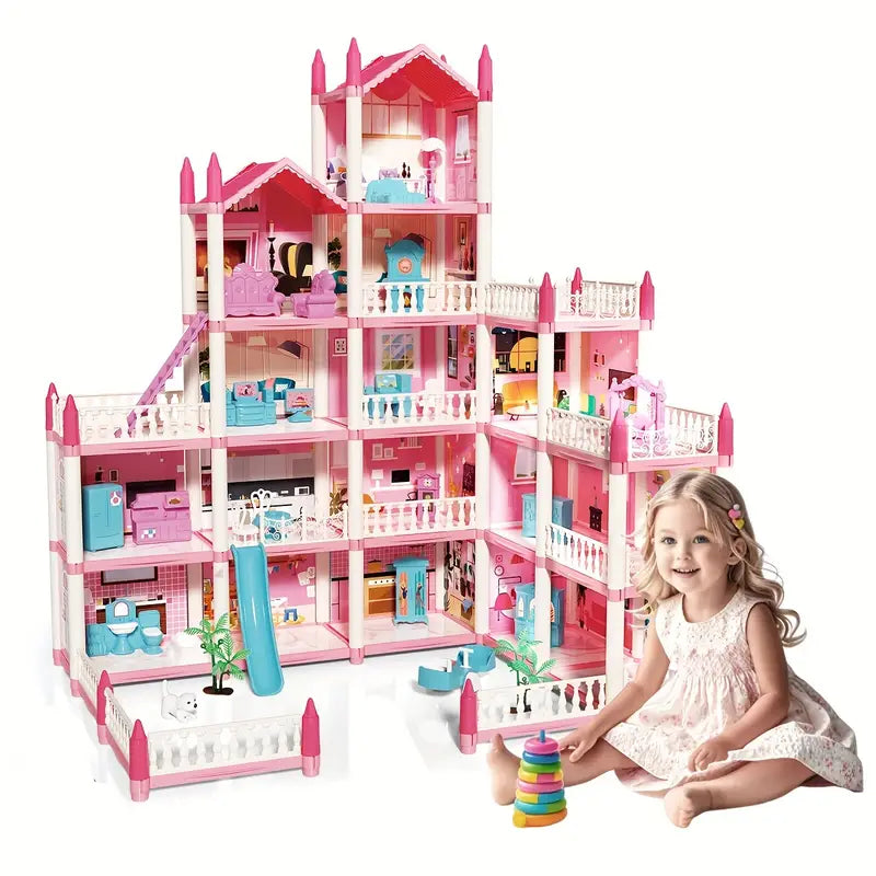 4-Story DIY Dollhouse Kit – Pretend Playhouse with Dolls & Furniture