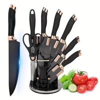 9pcs Black & Rose Golden Chef Knife Set | Stainless Steel with Ergonomic Handles