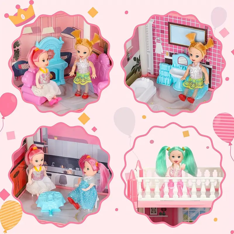 4-Story DIY Dollhouse Kit – Pretend Playhouse with Dolls & Furniture