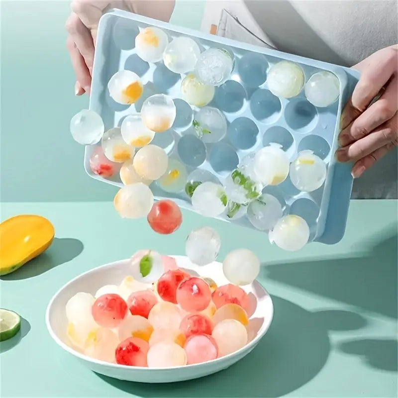 33-Grid Round Ice Cube Tray | Polish Glossy Dustproof Ball Mold | Blue, Home Kitchen Use