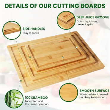 4pcs Oversized Bamboo Cutting Board Set with Rack | Juice Groove, Knife-Friendly, Invisible Handles – Ideal Kitchen Gift Set