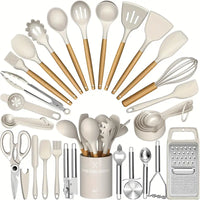 34PCS Heat-Resistant Silicone Cooking Utensil Set – Nonstick, With Holder & Wooden Handles